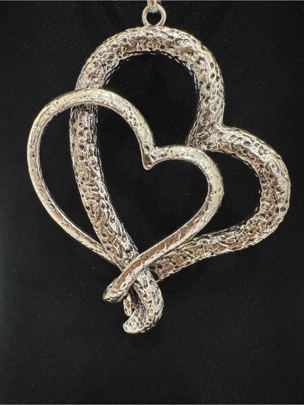 Textured Double Heart Pendant Necklace - Silver Tone (not Sterling) 30” blk cord